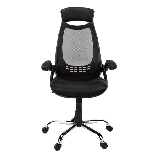 Office chair with black mesh back, adjustable height, padded seat and armrests on chrome base on Tampa Home & Garden Store