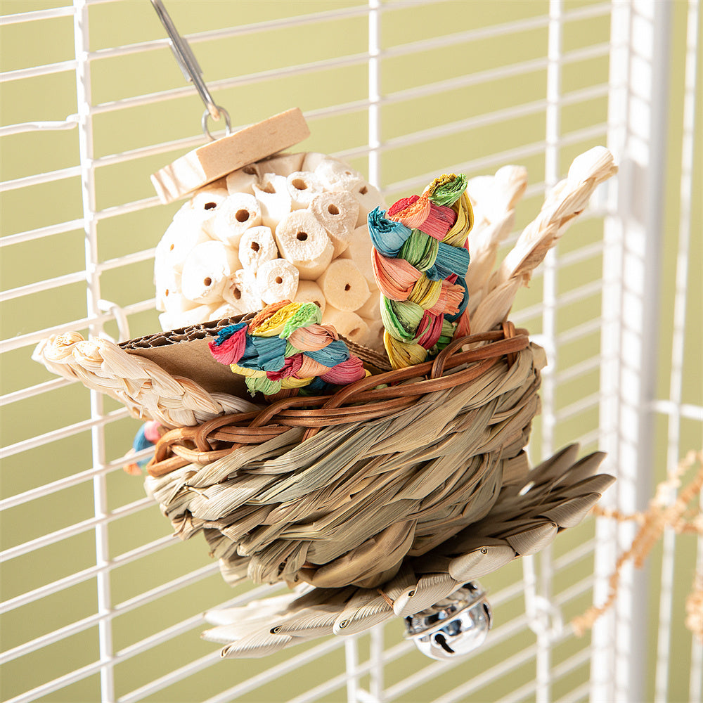 Parrot toy gnawing molar in a woven basket with colorful braided rope and white bead ball on Tampa Home & Garden Store