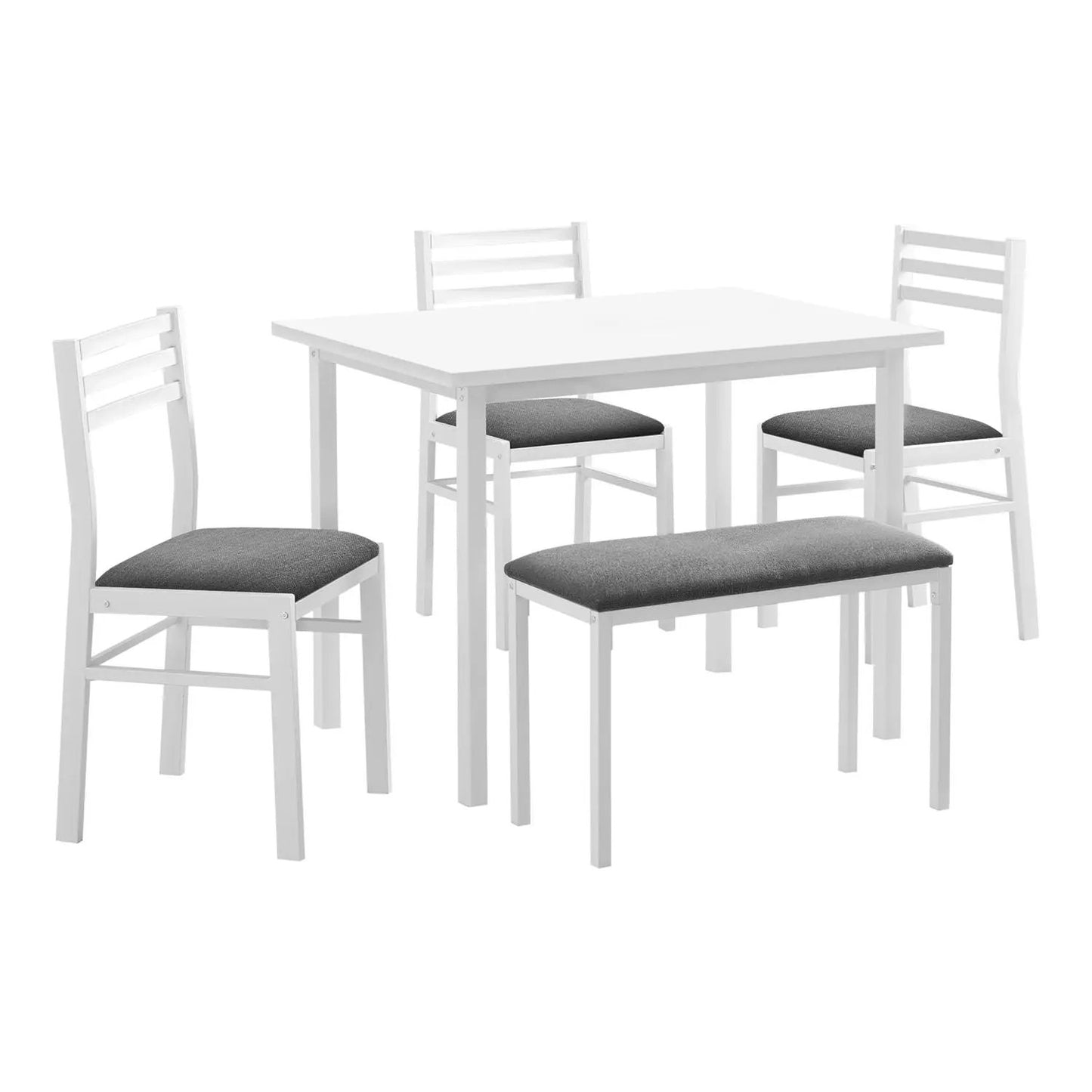 5-piece dining set: white table with 4 chairs and bench, grey cushions, Unique Piece Furniture on Tampa Home & Garden Store