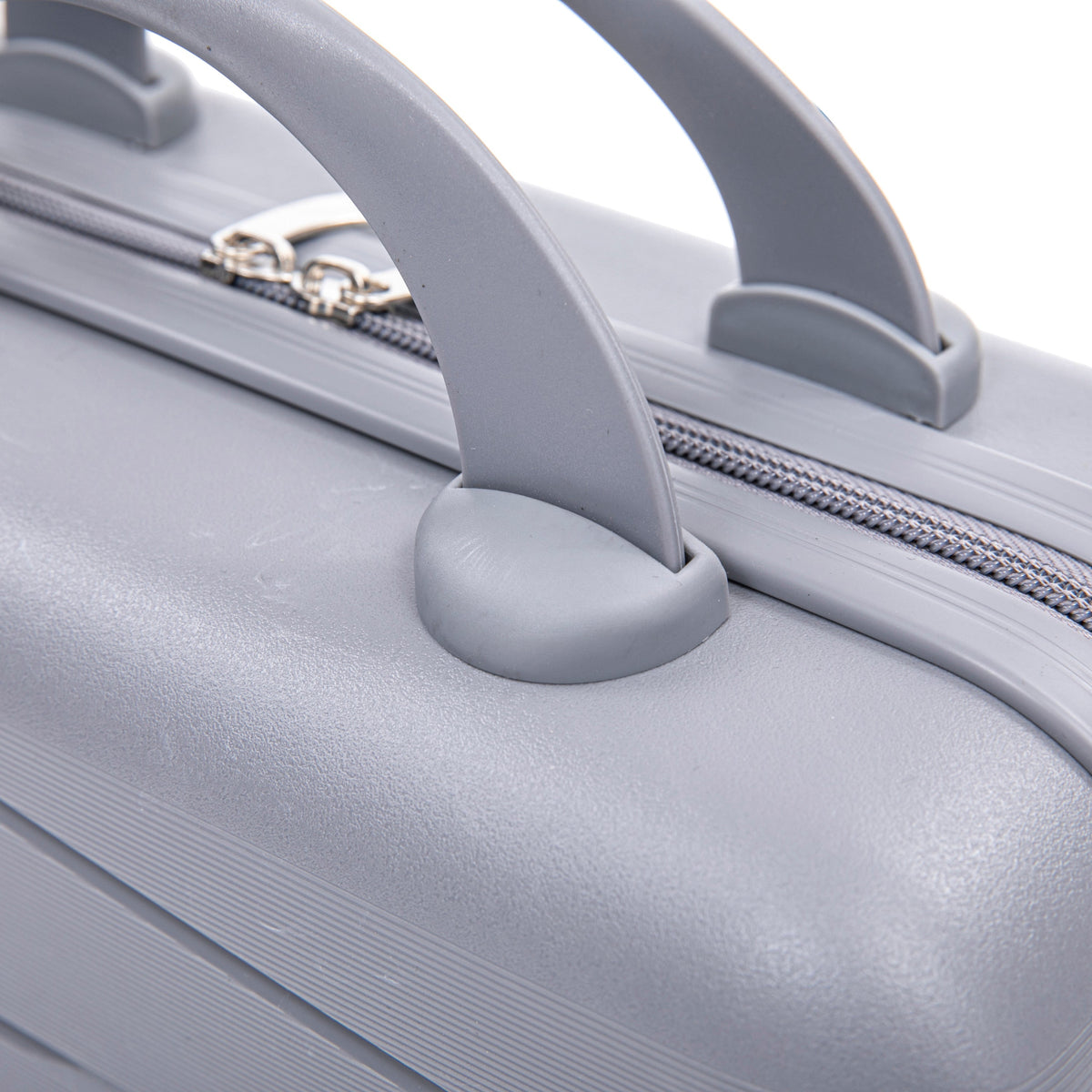 4-Piece PP Spinner Wheel Luggage Set light gray close-up of luggage handles and zipper on Tampa Home & Garden Store