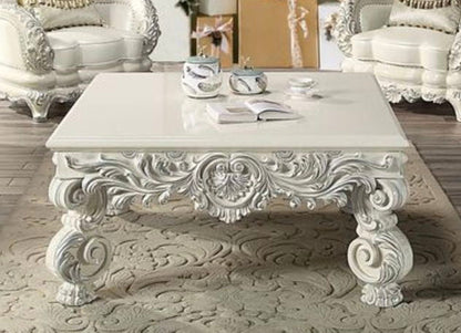 Adara White Coffee Table with ornate carved floral scrollwork in white wood by HouseOfZazla on Tampa Home & Garden Store