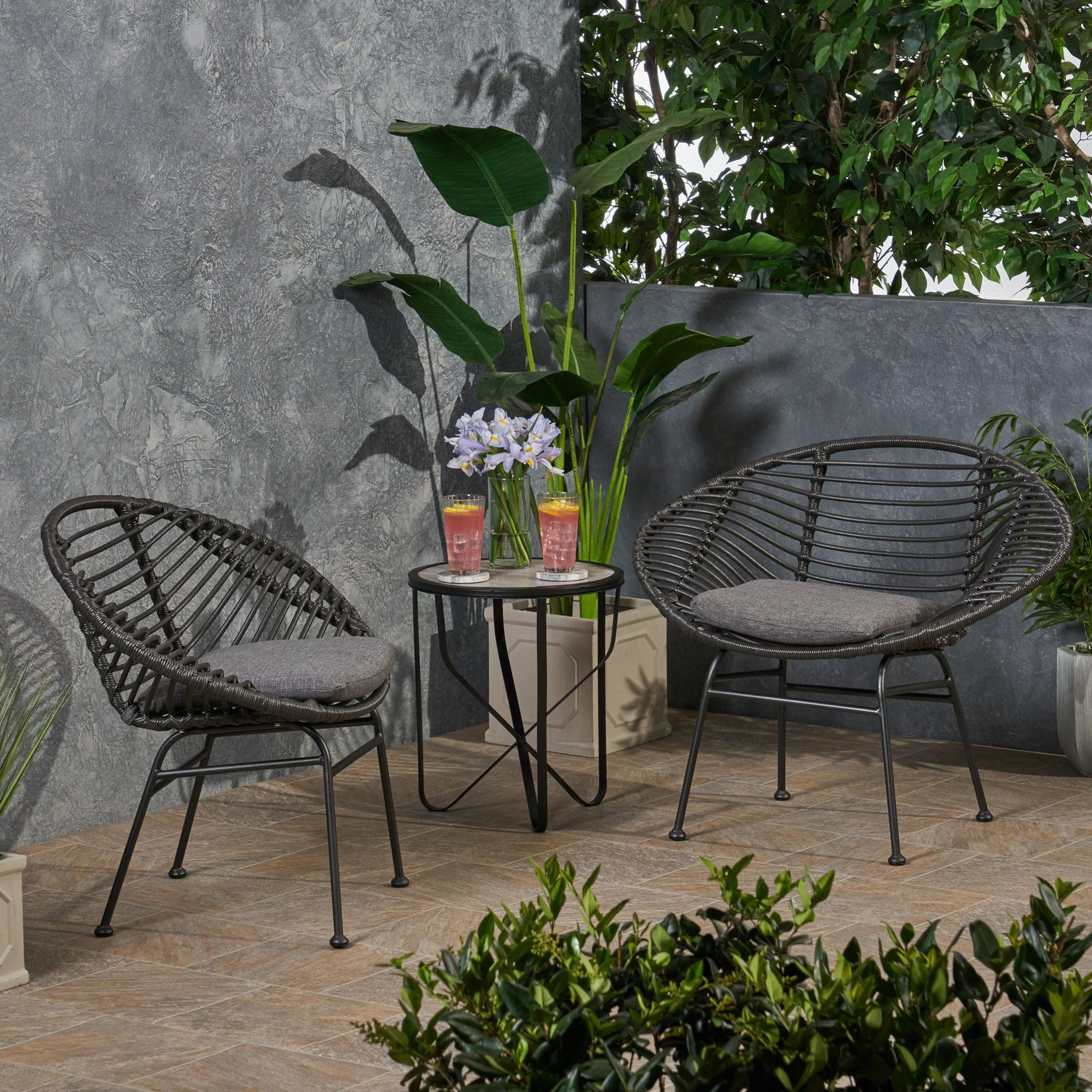 Cordella outdoor wicker chairs with cushions, set of 2, dark brown wicker and gray cushions on Tampa Home & Garden Store