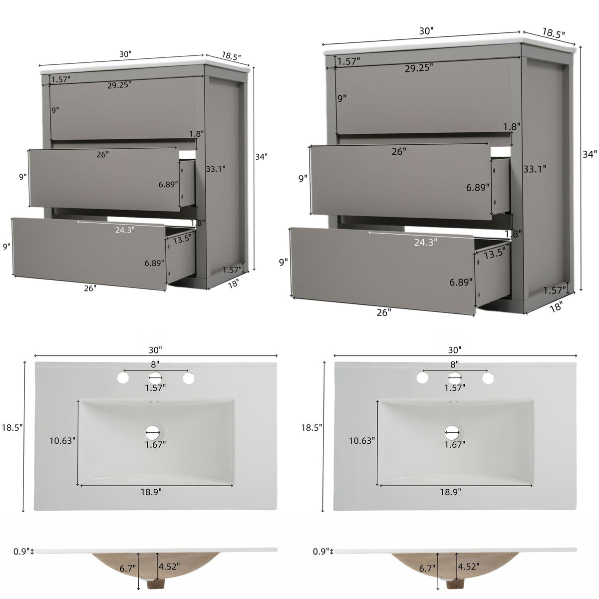 Wood double sink bathroom vanity set by HouseOfZazla, gray finish, two-unit cabinet layout on Tampa Home & Garden Store