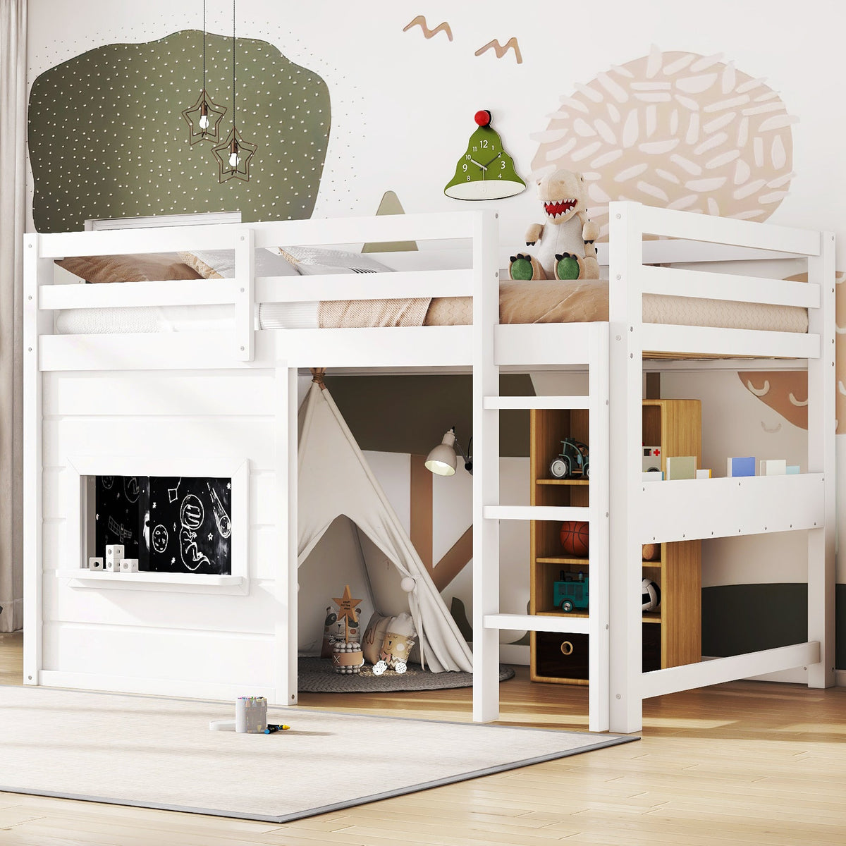 Two twin size loft beds HouseOfZazla with sliding chalkboard & bookshelf, white finish on Tampa Home & Garden Store