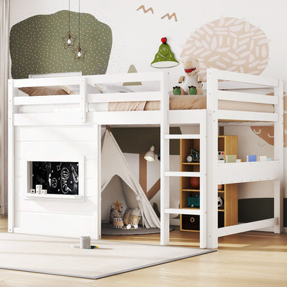 Two twin size loft beds HouseOfZazla with sliding chalkboard & bookshelf, white finish on Tampa Home & Garden Store