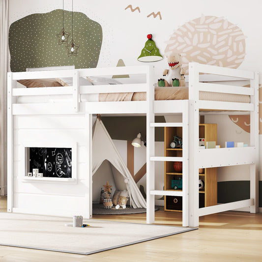 Two twin size loft beds HouseOfZazla with sliding chalkboard & bookshelf, white finish on Tampa Home & Garden Store