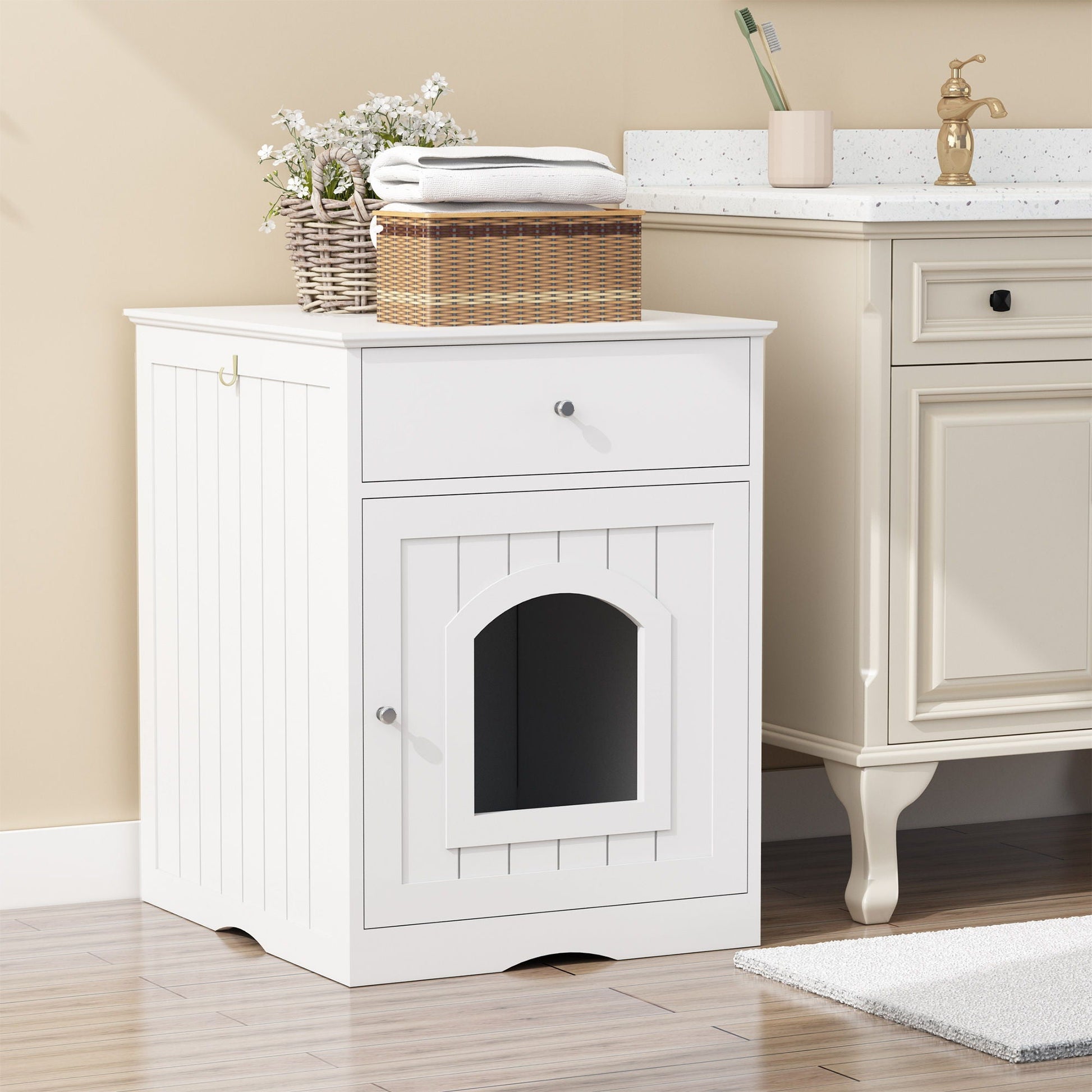 Pet House Cat Litter Box Enclosure With Drawer Side Table by HouseOfZazla, white wood cabinet on Tampa Home & Garden Store
