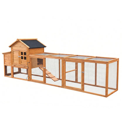 Large wooden chicken coop with nest box and extended run, natural cedar with wire mesh on Tampa Home & Garden Store
