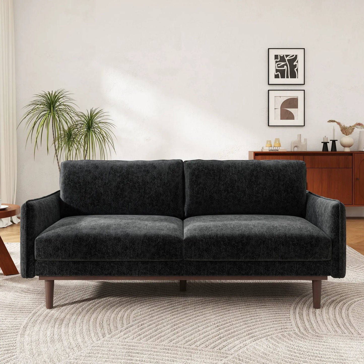 Loveseat sofa with spacious seating in dark charcoal fabric, stationary loveseat by Unique Piece Furniture on Tampa Home & Garden Store
