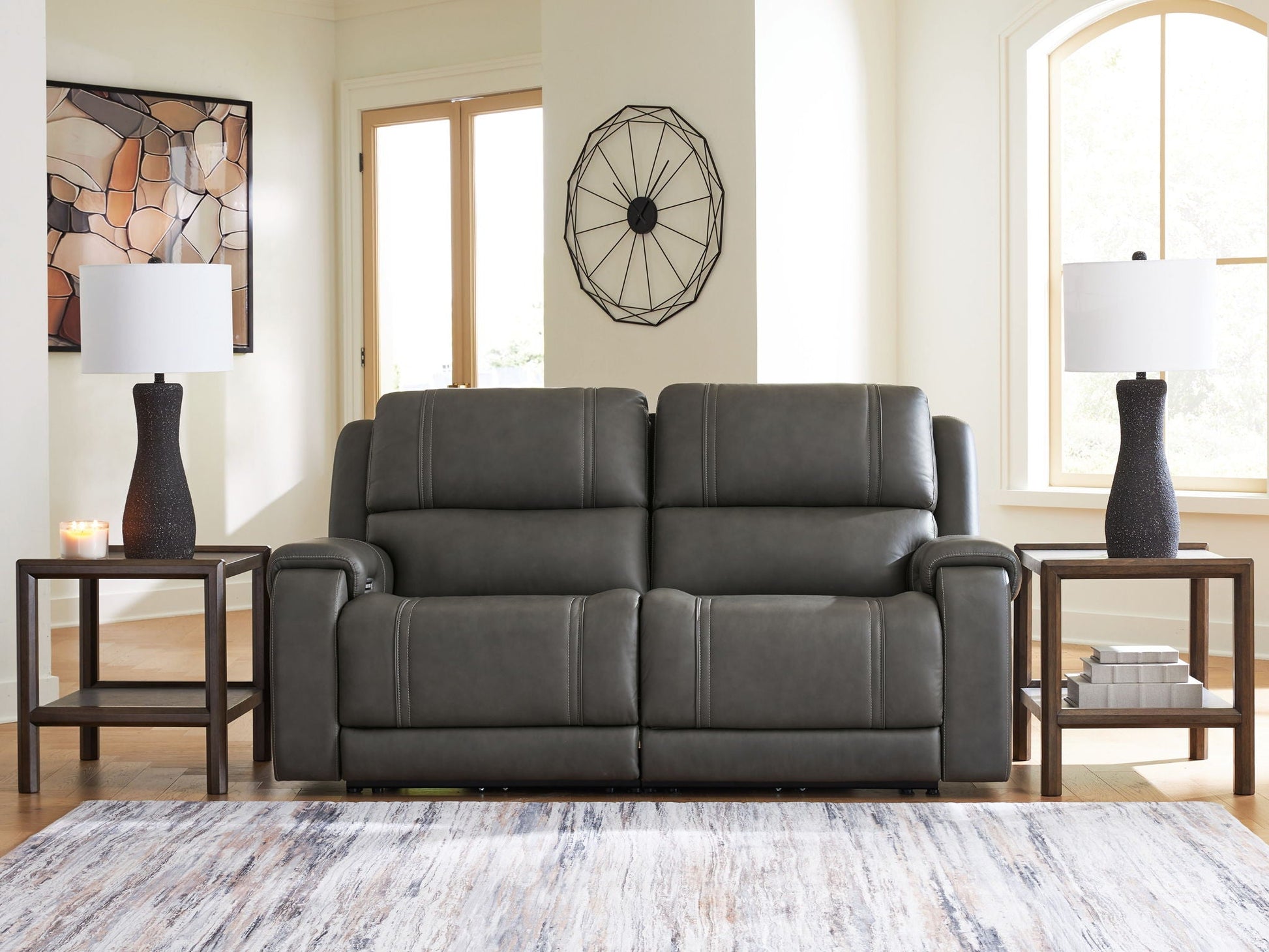 5Z Pittson Power Reclining Sectional in gray leather by Unique Piece Furniture with lamps on Tampa Home & Garden Store