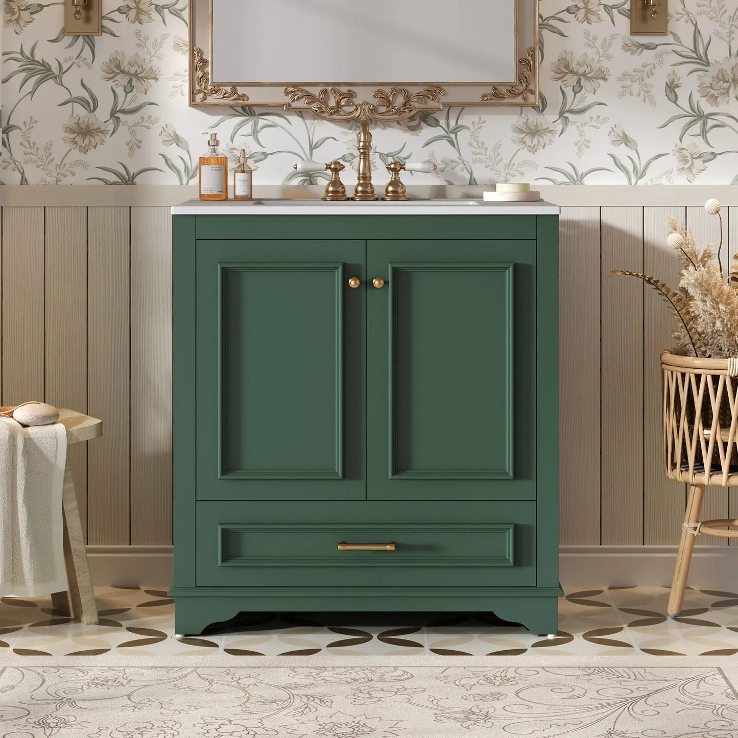 Green bathroom vanity with sink, white top, brass faucet and knobs, two soft-closing doors on Tampa Home & Garden Store