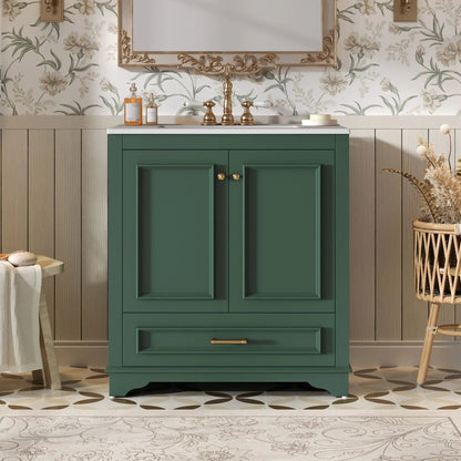 Green bathroom vanity with sink, white top, brass faucet and knobs, two soft-closing doors on Tampa Home & Garden Store