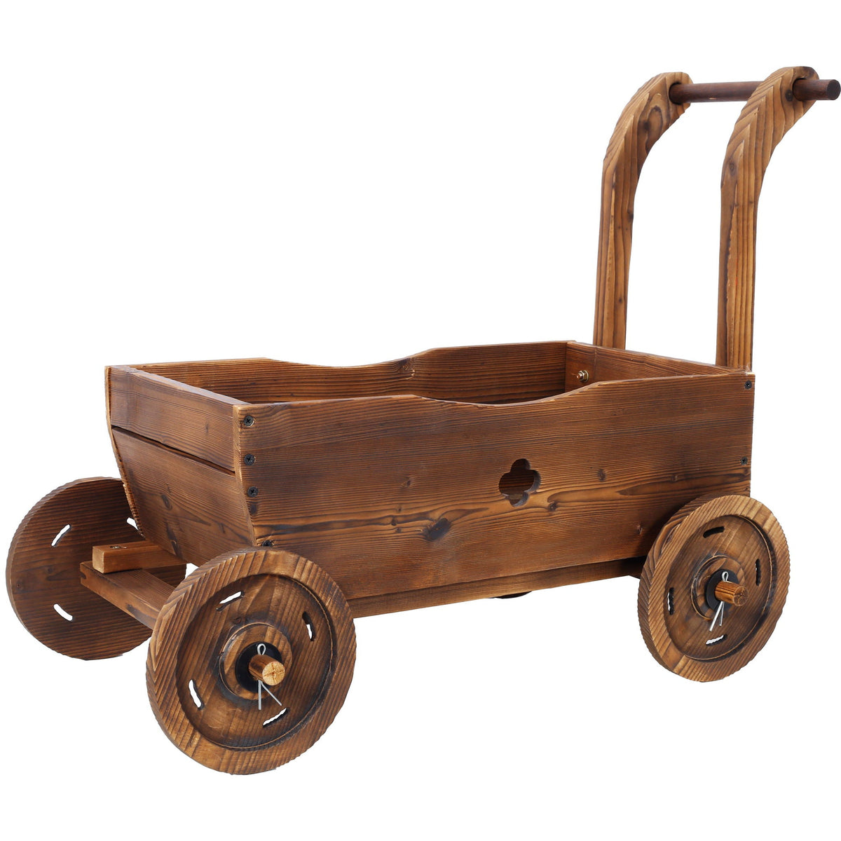 Wooden wagon planter box with wheels in brown finish, drain holes by HouseOfZazla on Tampa Home & Garden Store
