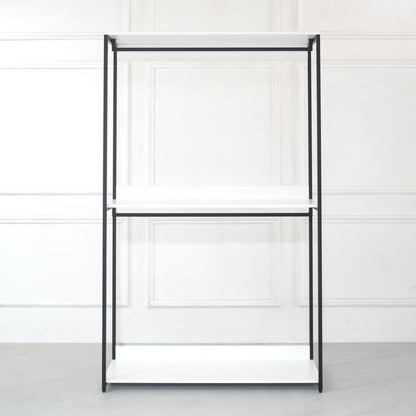 Walk-in closet unit with white adjustable shelves and black powder-coated metal frame on Tampa Home & Garden Store