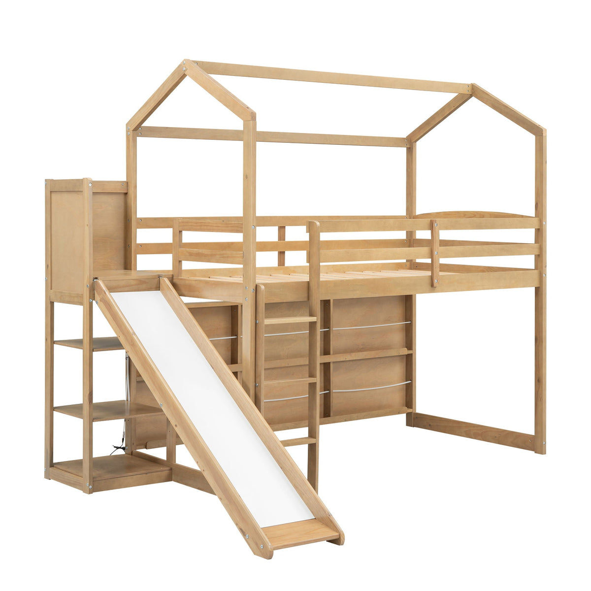 Loft bed with slide, storage shelves and climbing ramp in natural wood by HouseOfZazla on Tampa Home & Garden Store