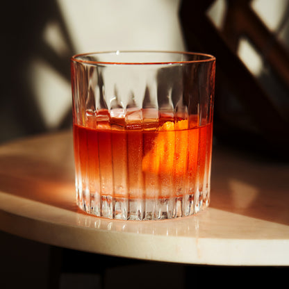 Viski Reserve Milo crystal rocks glasses set of 4; amber-tinted, faceted tumbler with heavy base on Tampa Home & Garden Store