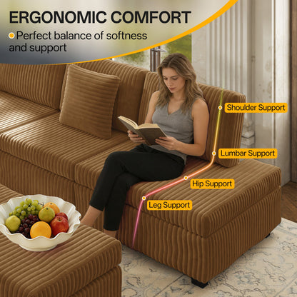 Luxury Camel L Shaped Sofa And Ottoman Set