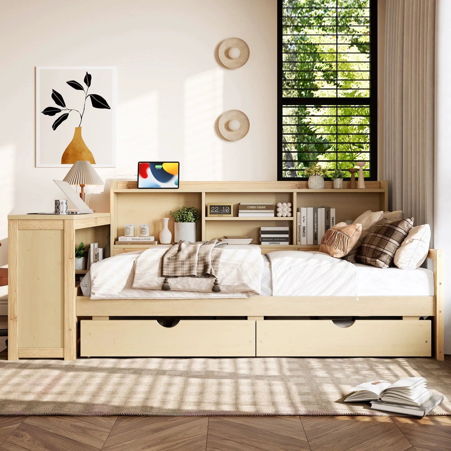 Corner Daybed With Storage Drawers and Bookcase