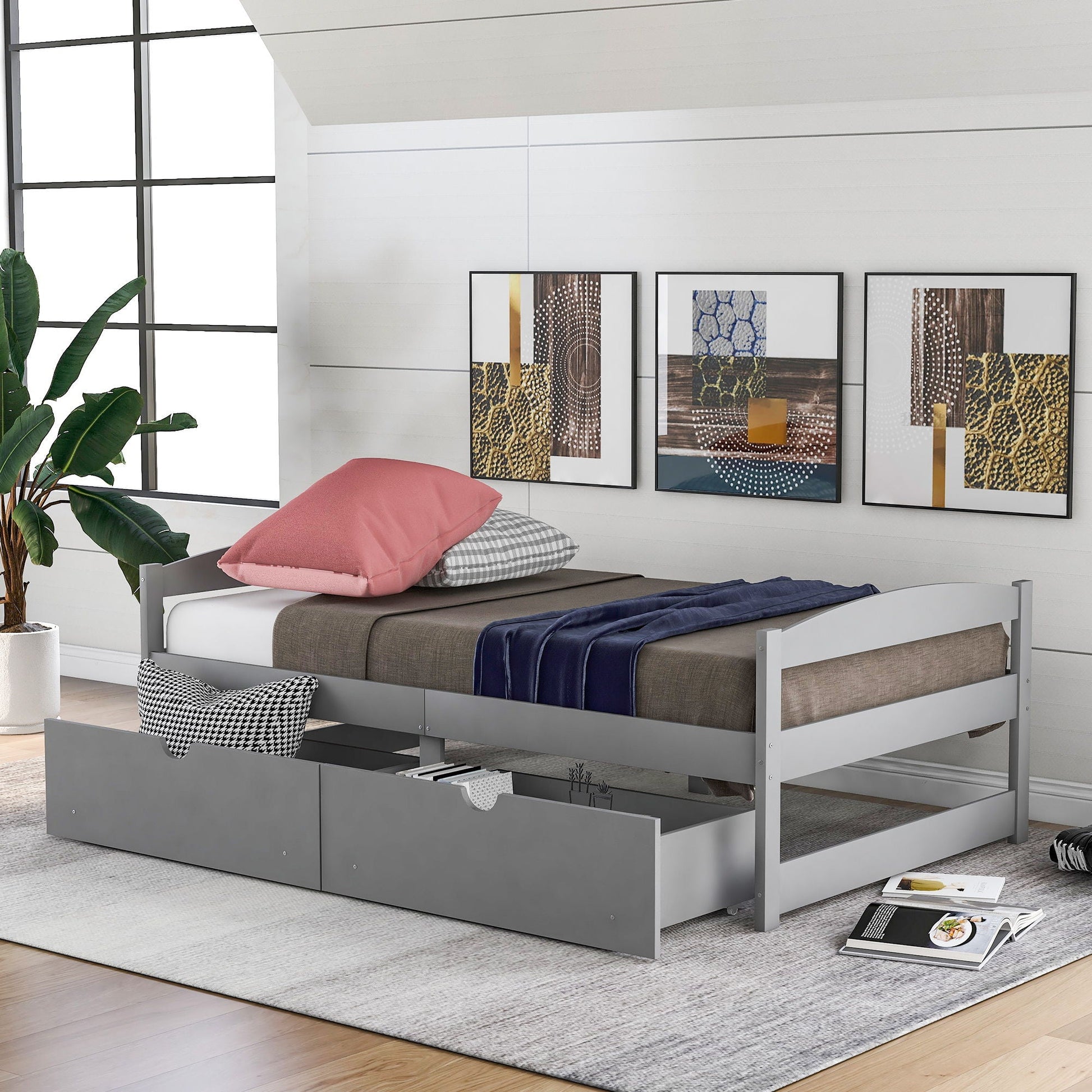 Platform bed with 2 drawers in gray, HouseOfZazla storage bed on Tampa Home & Garden Store