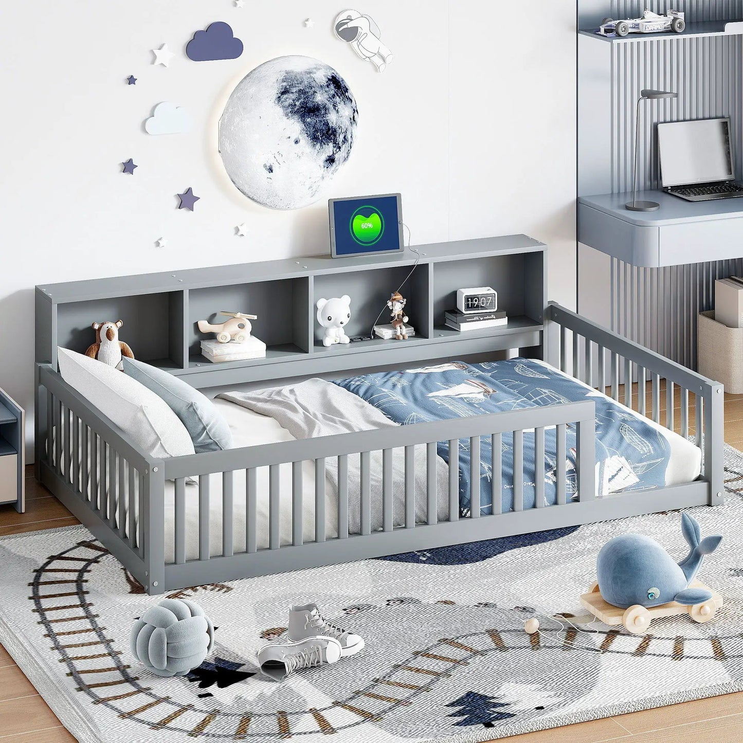 Twin Floor Bed With Storage Cabinets and USB Gray