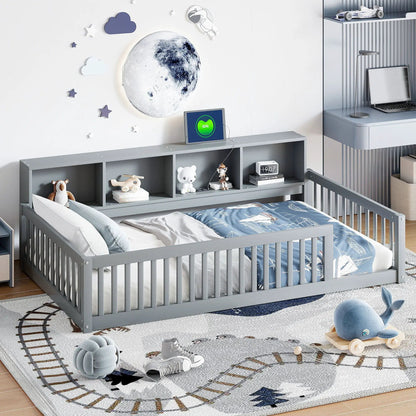 Twin Floor Bed With Storage Cabinets and USB Gray