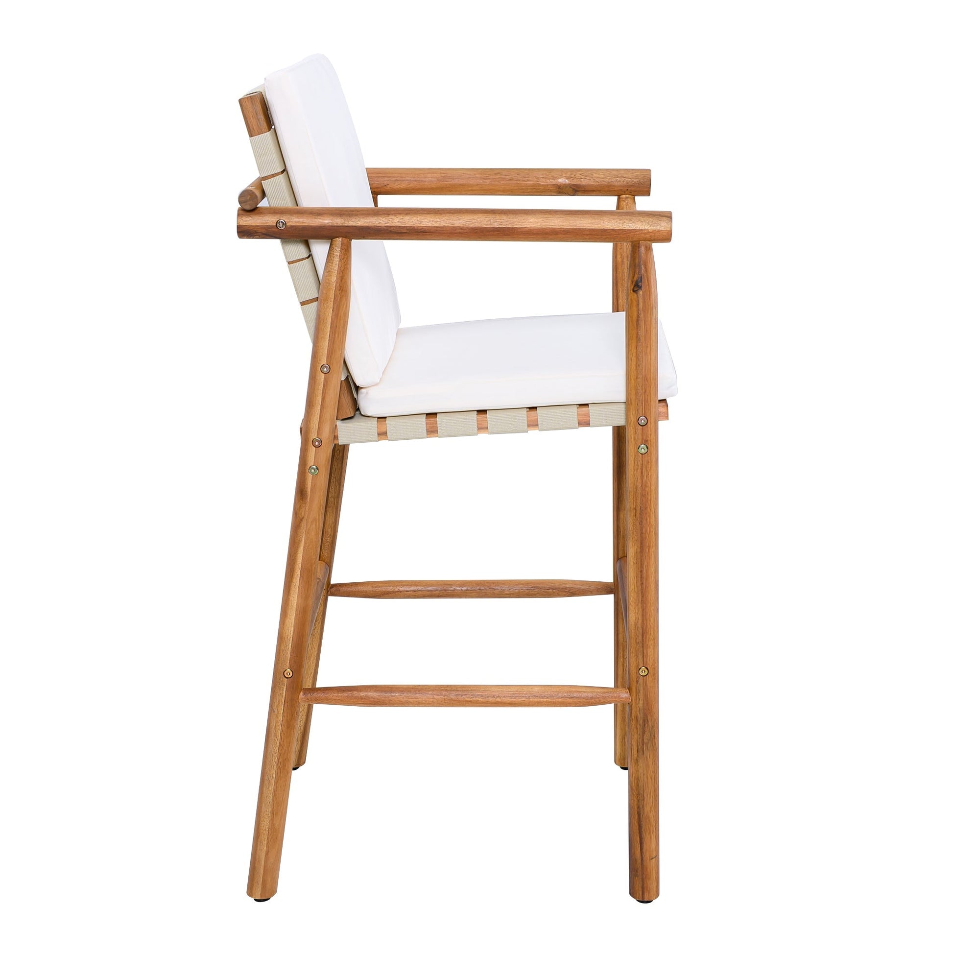 Outdoor counter height bar stool with white cushions and natural wood frame on Tampa Home & Garden Store
