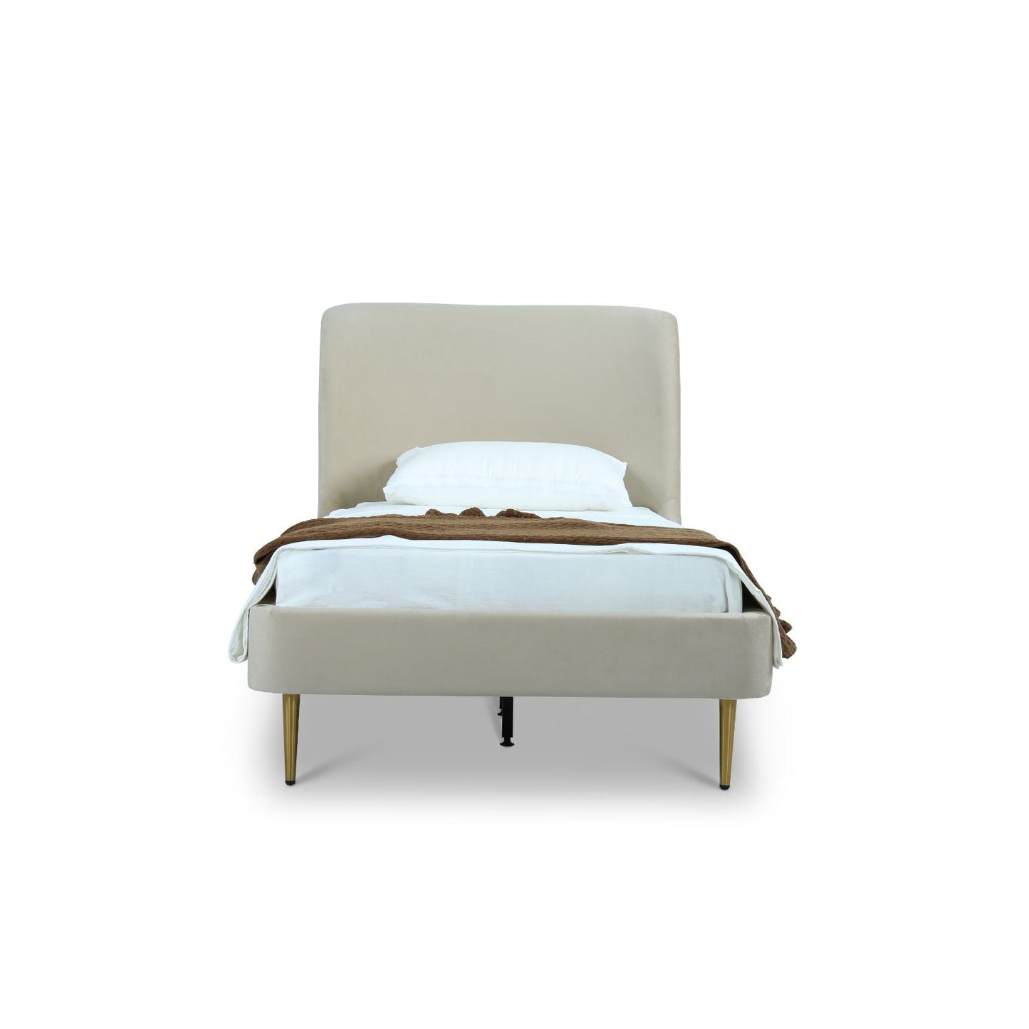 Mid-Century Modern upholstered bed with curved beige headboard and gold legs by HouseOfZazla on Tampa Home & Garden Store