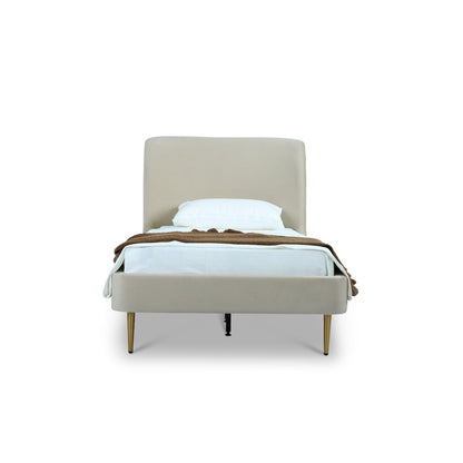 Mid-Century Modern upholstered bed with curved beige headboard and gold legs by HouseOfZazla on Tampa Home & Garden Store