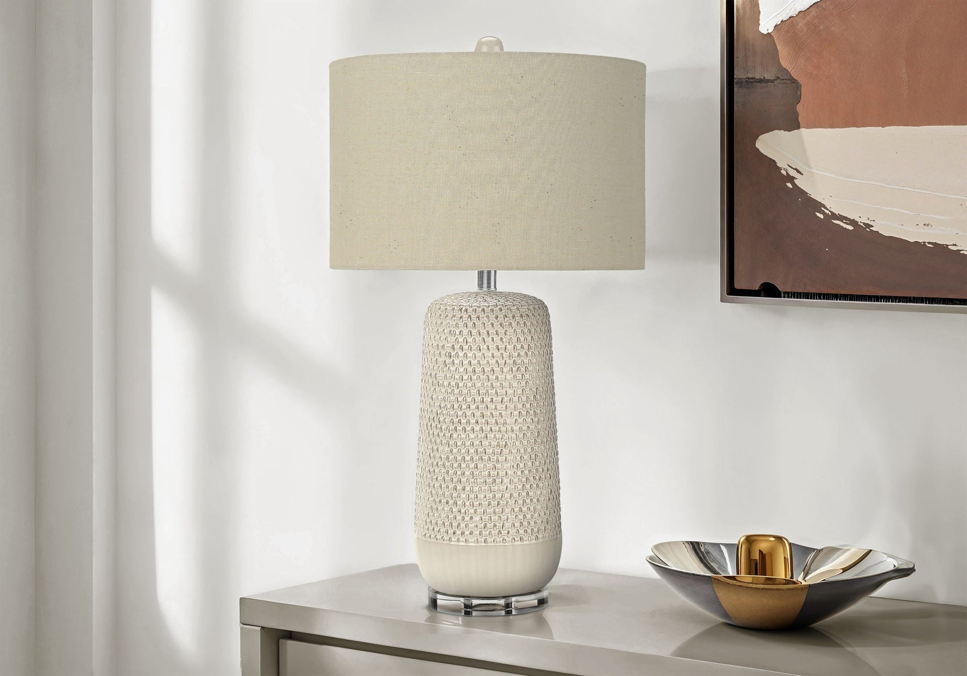 HouseOfZazla Contemporary Lighting Table Lamp in cream ceramic with beige fabric shade on Tampa Home & Garden Store