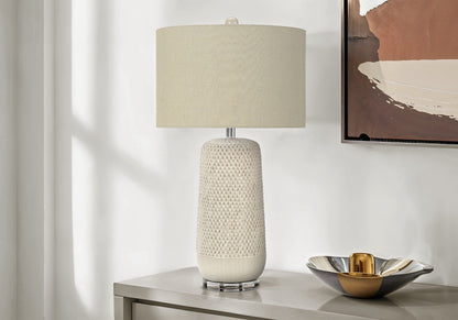 HouseOfZazla Contemporary Lighting Table Lamp in cream ceramic with beige fabric shade on Tampa Home & Garden Store