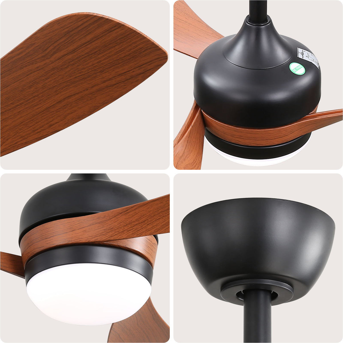 Ceiling fan with wood blades and black motor housing on Tampa Home & Garden Store