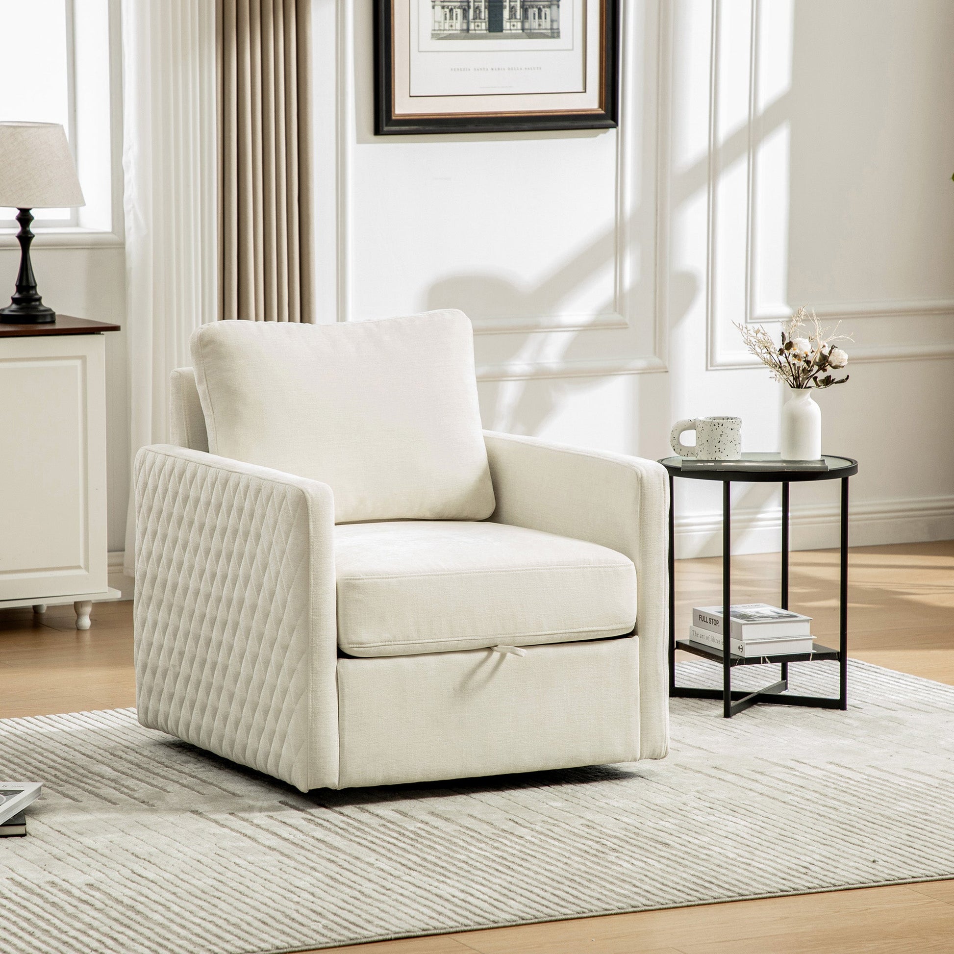 29.5W Upholstered 360 swivel Armchair with Hidden Storage in cream with quilting sides on Tampa Home & Garden Store