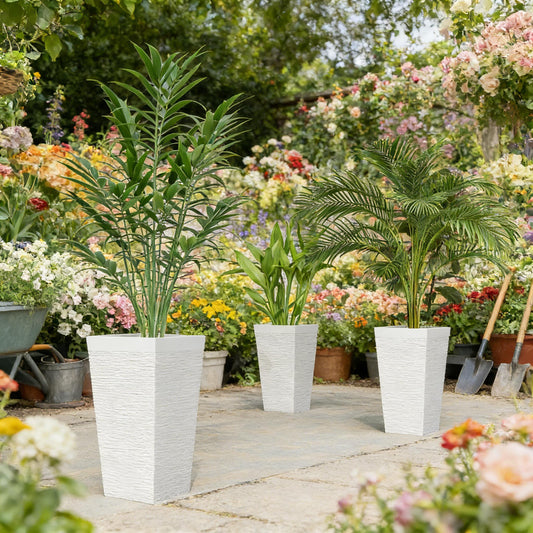 Stackable tapered planters set of 3 by HouseOfZazla in white textured finish with greenery on Tampa Home & Garden Store