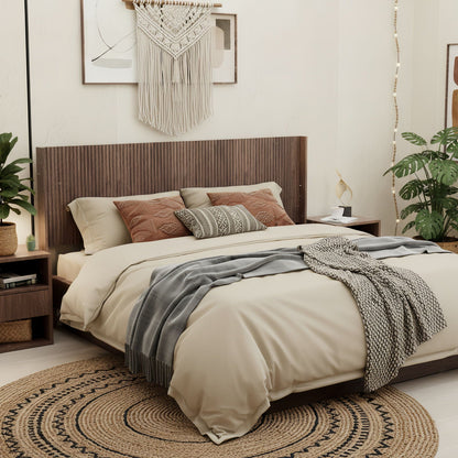 Modern Wide Fluted Panel Headboard dark brown by HouseOfZazla with two nightstands on Tampa Home & Garden Store