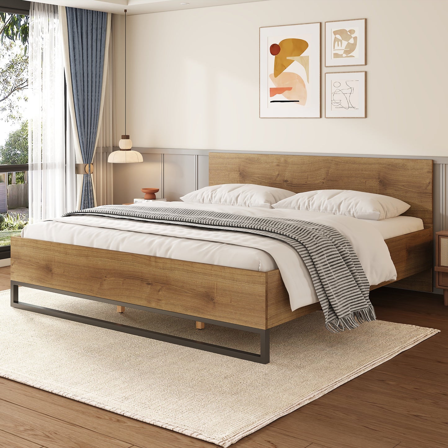 Modern Black and Engineered Wood King Bed Frame