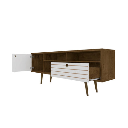 TV stand with wire management and storage in brown wood with white panels by HouseOfZazla on Tampa Home & Garden Store
