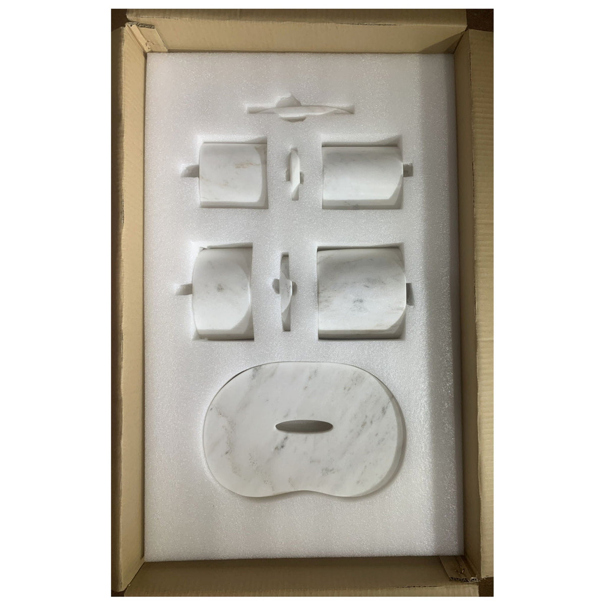 Elegant natural marble bathroom accessories set by HouseOfZazla in foam insert packaging on Tampa Home & Garden Store