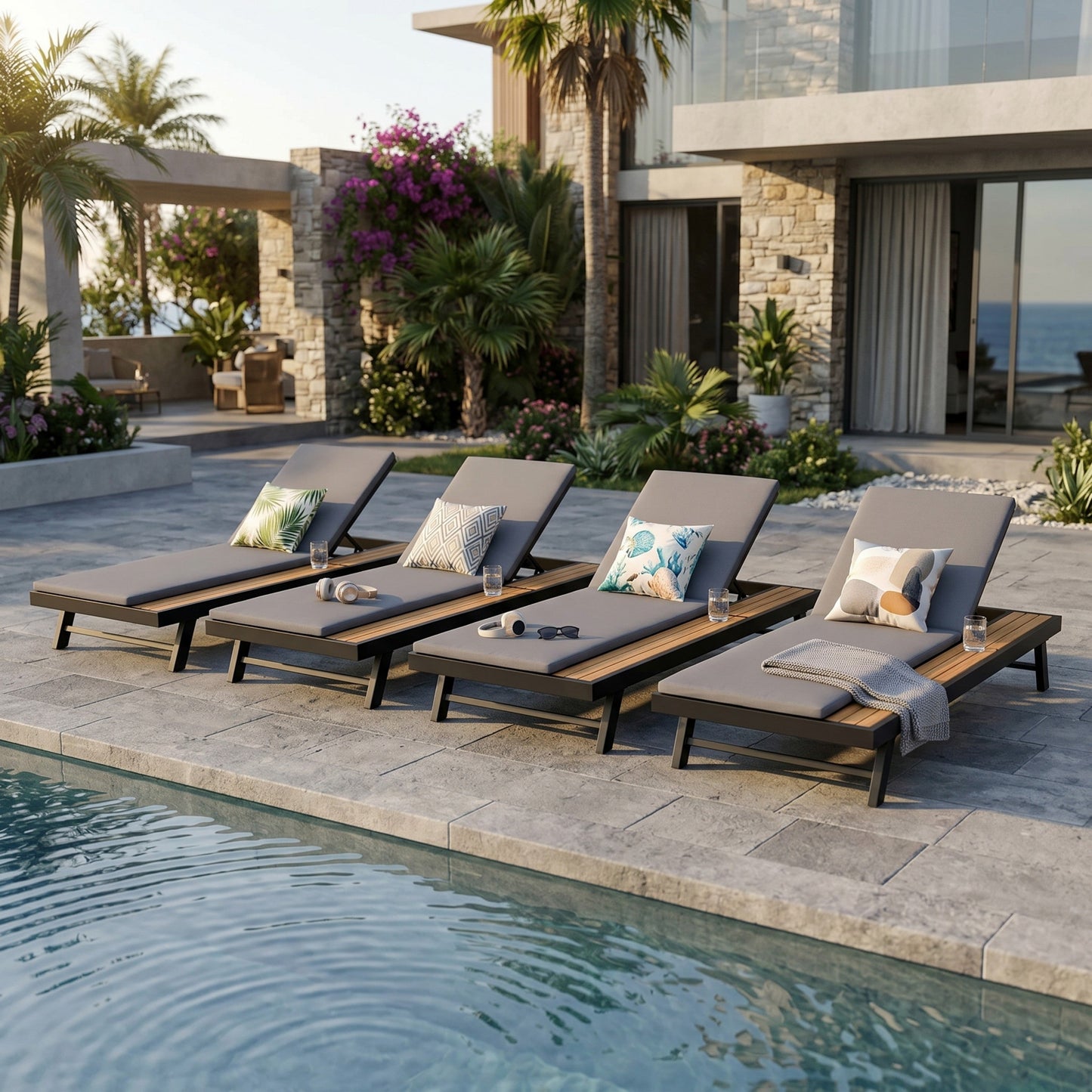 Black Iron and Teak Outdoor Chaise Lounge Set