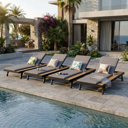 Black Iron and Teak Outdoor Chaise Lounge Set
