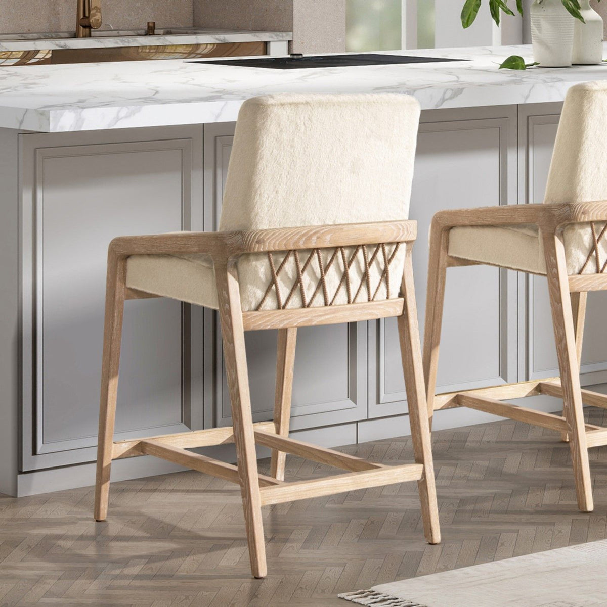 Solid ash counter-height stool with cream upholstery and rope lattice accents on Tampa Home & Garden Store
