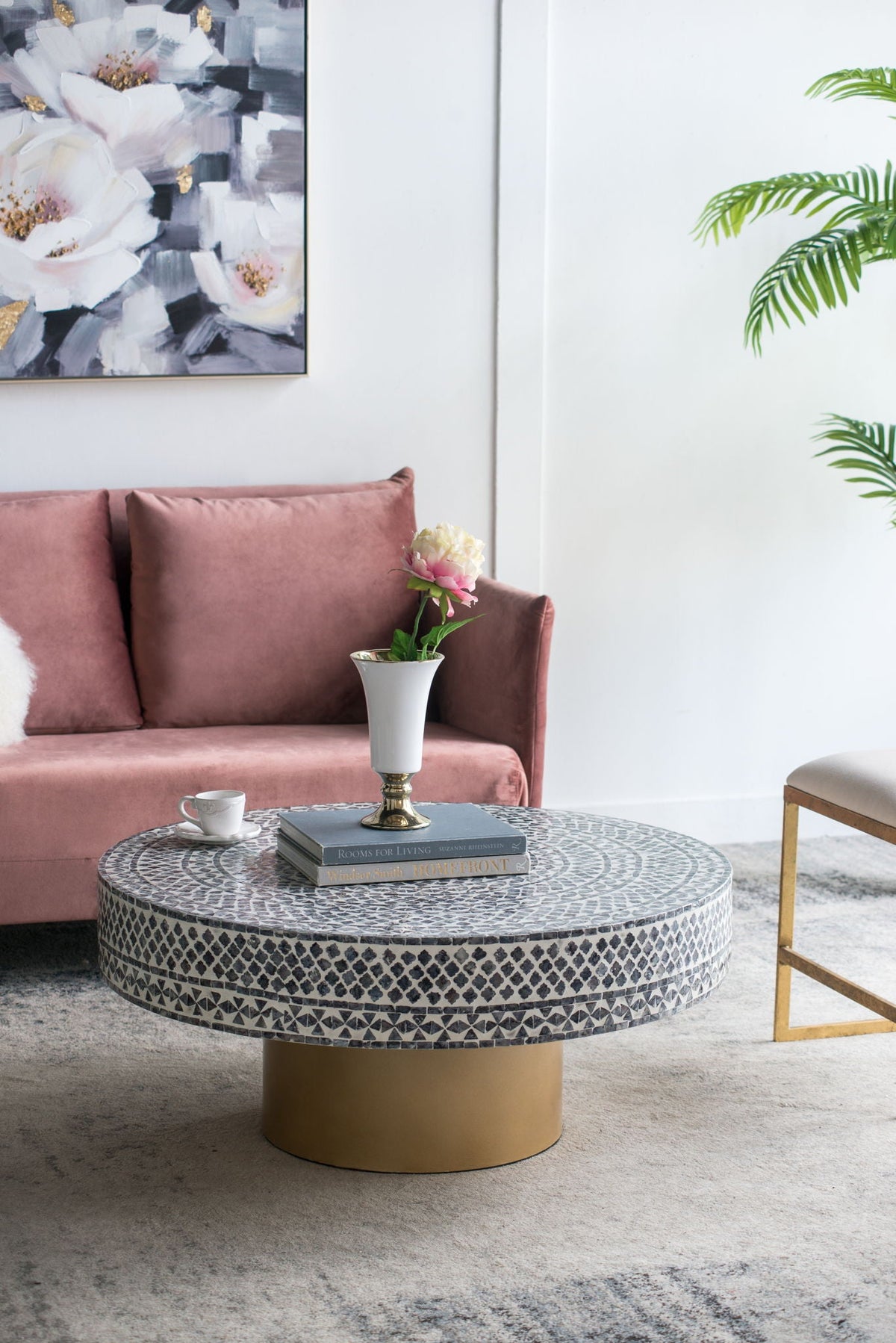 Capiz Coffee Table by HouseOfZazla, round mosaic shell-top on a gold pedestal base on Tampa Home & Garden Store
