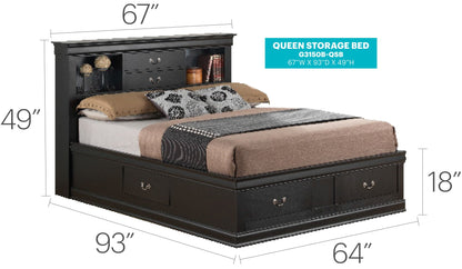 Traditional style bookcase storage bed with dark finish and built-in headboard shelves, queen on Tampa Home & Garden Store