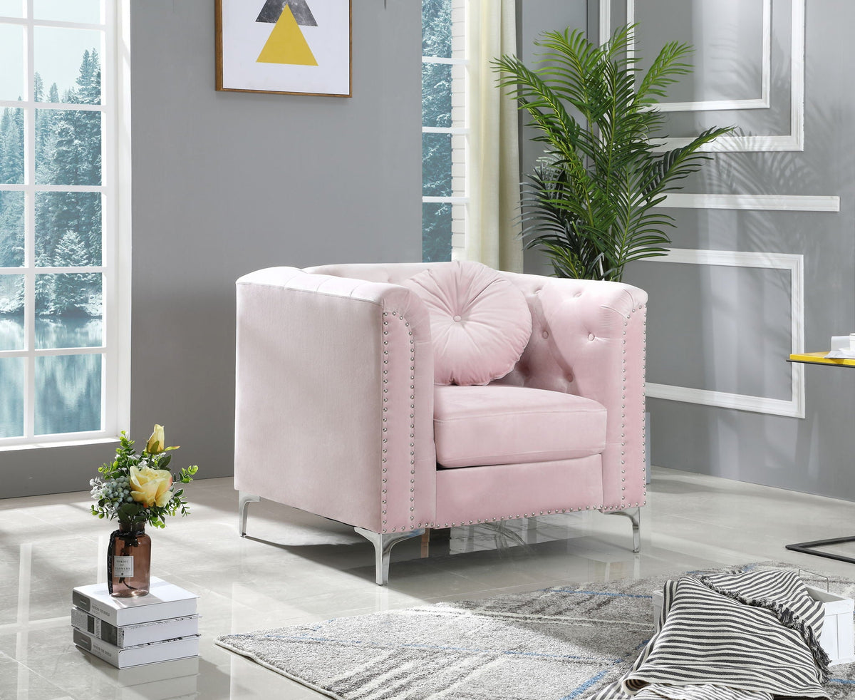 Contemporary sloped arm chair pink micro suede upholstery by HouseOfZazla on Tampa Home & Garden Store