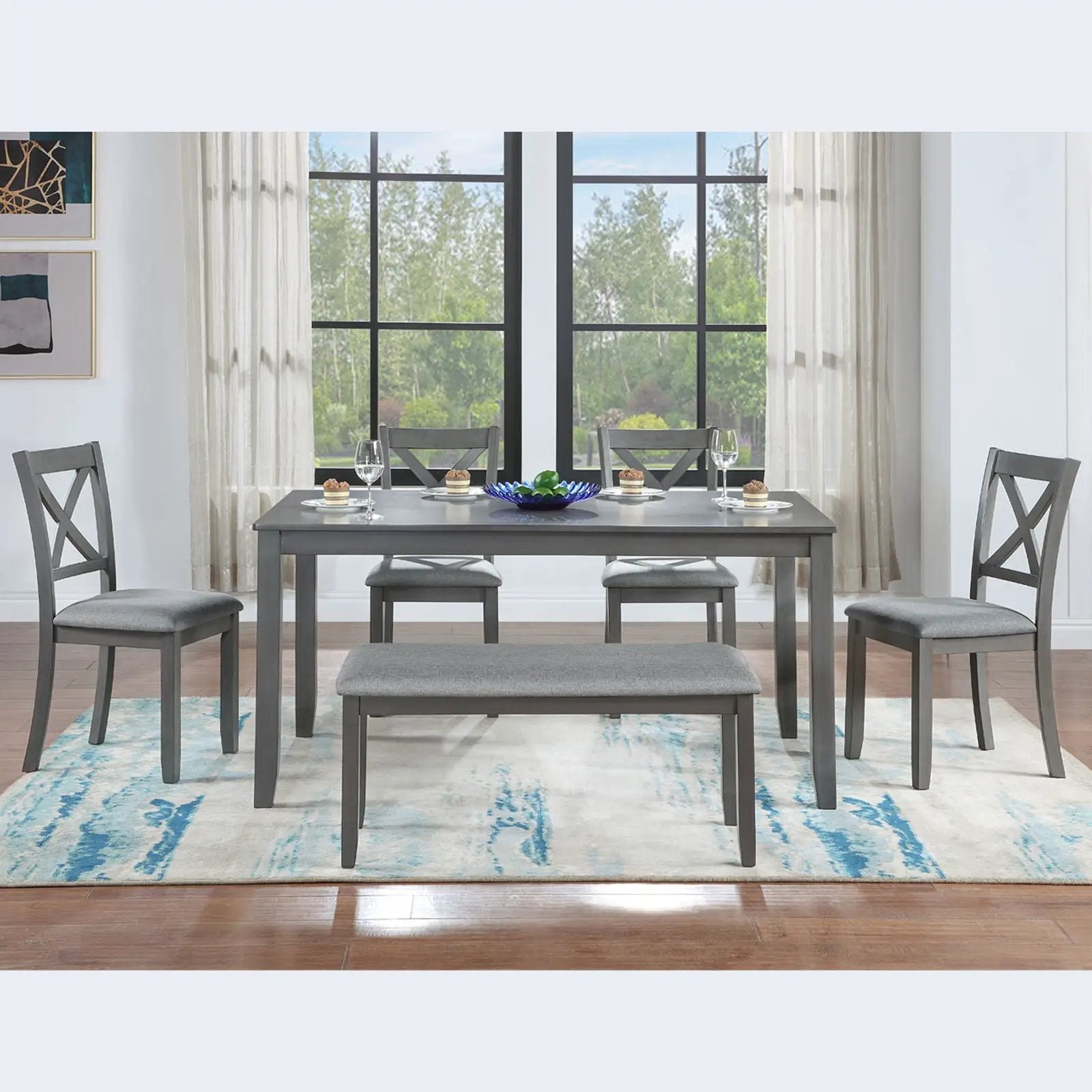 6-piece rectangular gray dining set with X-back chairs and bench by Unique Piece Furniture on Tampa Home & Garden Store