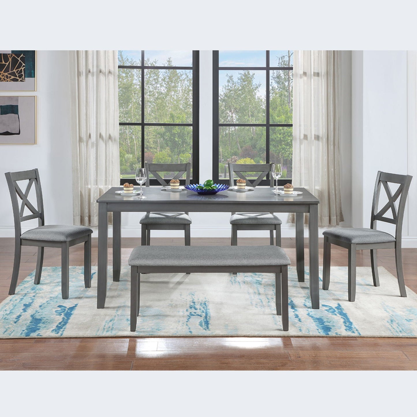 Six Piece Dining Set With A Bench And Four Chairs
