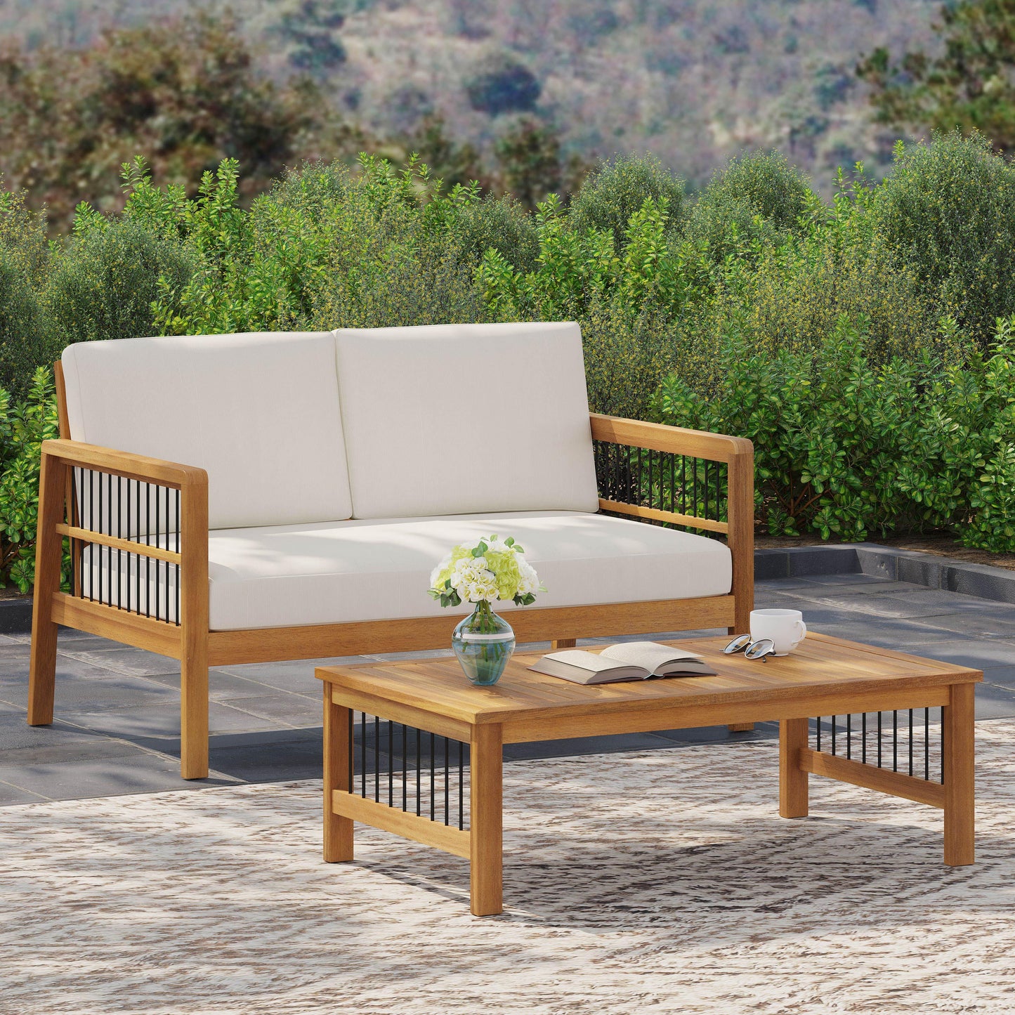 Outdoor Acacia Wood Loveseat and Coffee Table Set