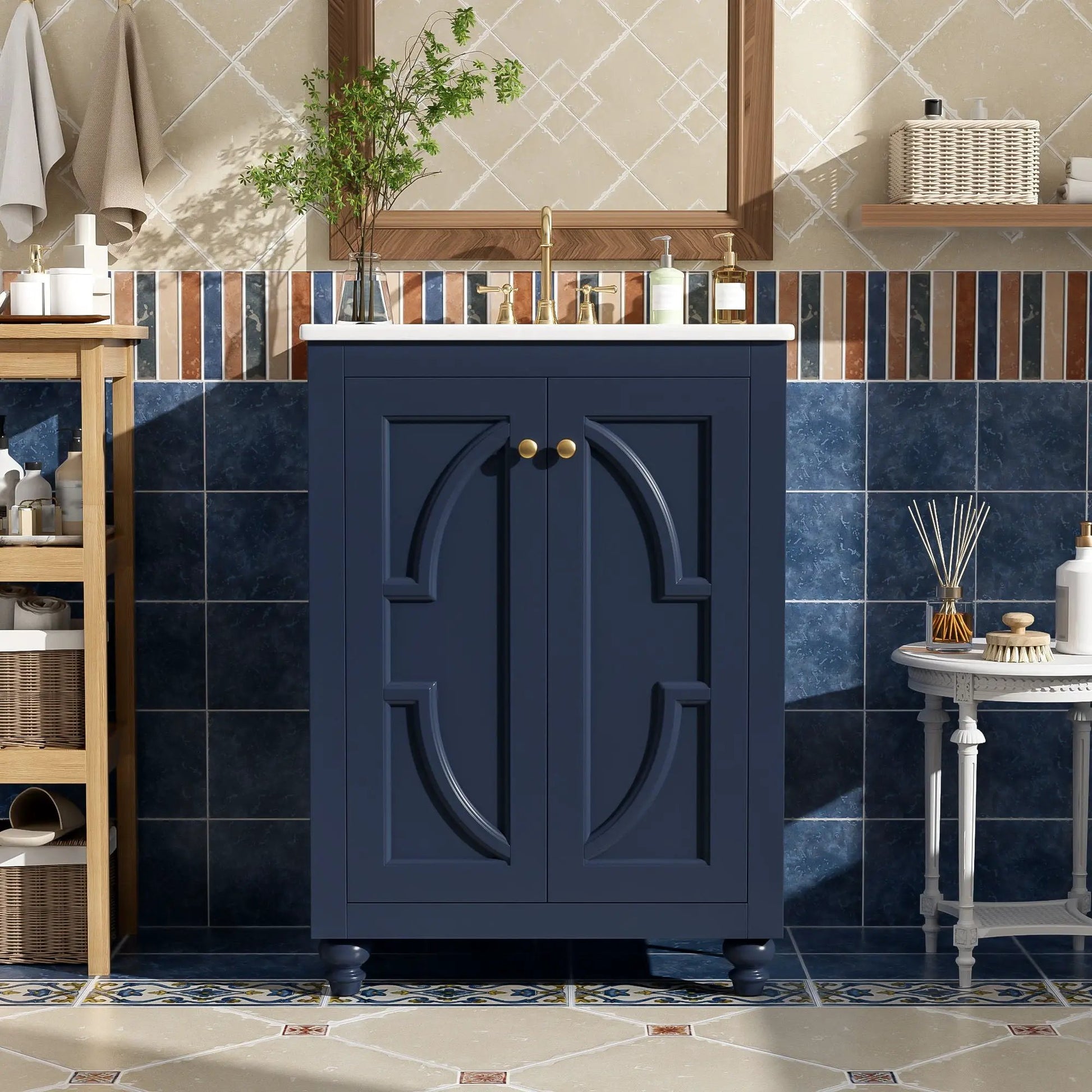Bathroom Vanity With Ornate Elliptical Motif navy blue with soft close hinges on Tampa Home & Garden Store