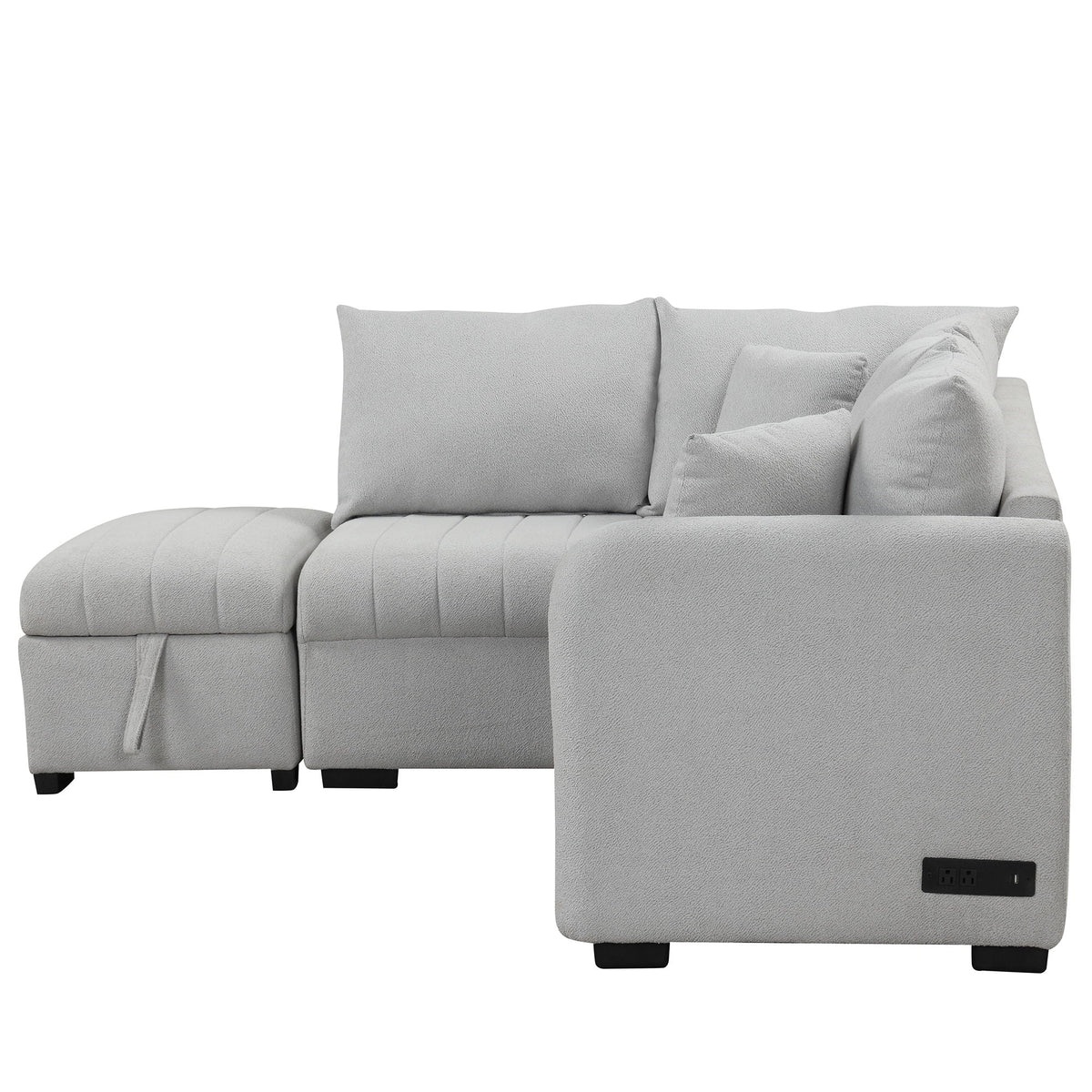 Light gray L-shaped sleeper sectional with storage ottoman, two USB ports and two power sockets on Tampa Home & Garden Store