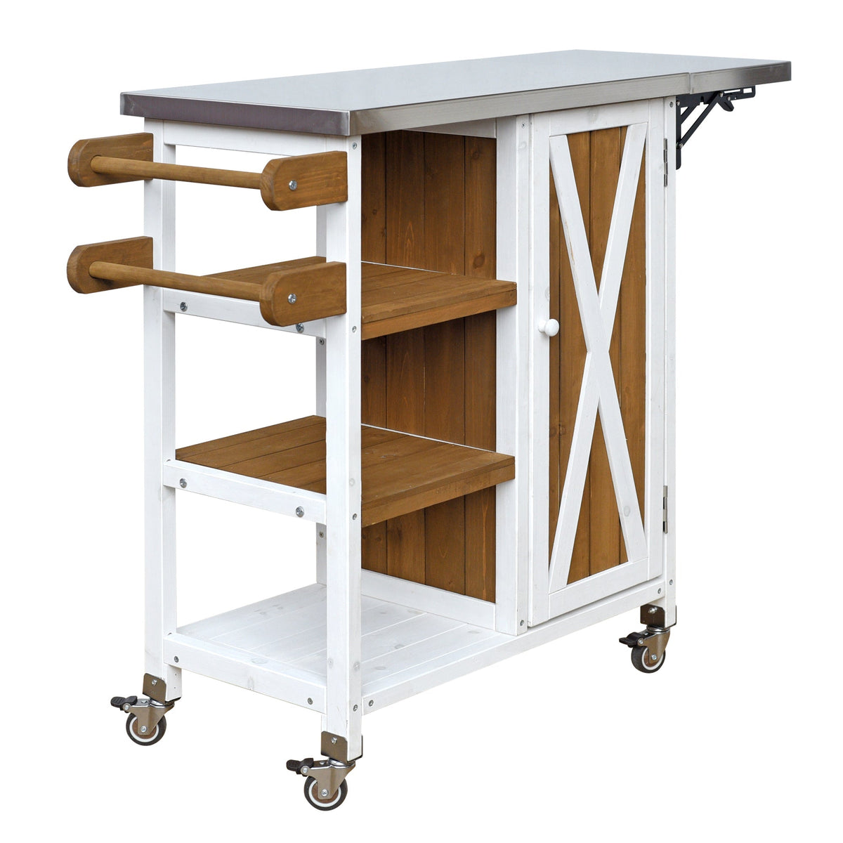 Foldable outdoor kitchen island HouseOfZazla; white frame, brown panels, stainless top, casters on Tampa Home & Garden Store