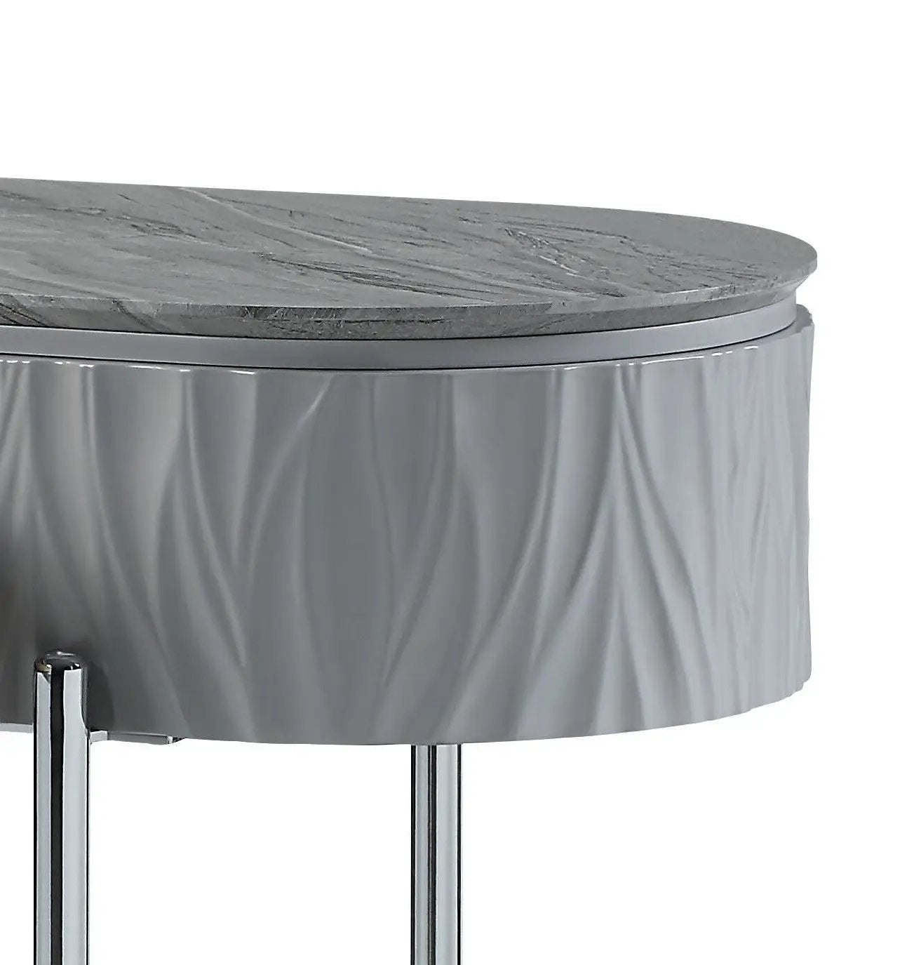 Yukino - High Gloss Table round sofa table with grey marble top, fabric skirt and chrome legs on Tampa Home & Garden Store